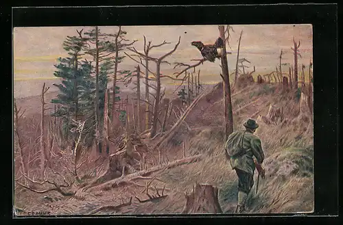 Künstler-AK Ludwig Fromme: Jäger pirscht sich an einen Auerhahn heran