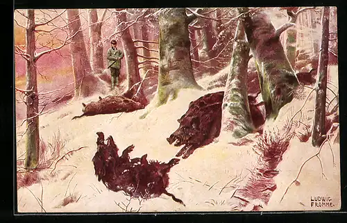 Künstler-AK Ludwig Fromme: Jäger erschiesst Wildschweine im Wald