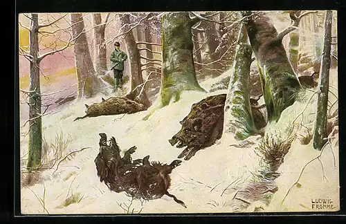Künstler-AK Ludwig Fromme: Jäger erschiesst Wildschweine im Wald