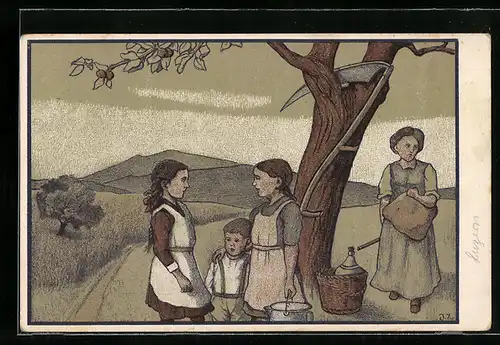 Künstler-AK Unterbringung notleidender und erholungsbedürftiger Stadtkinder auf dem Lande