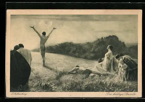 Künstler-AK Ludwig Fahrenkrog: Die heilige Stunde, Mann streckt sich nackt der Sonne entgegen