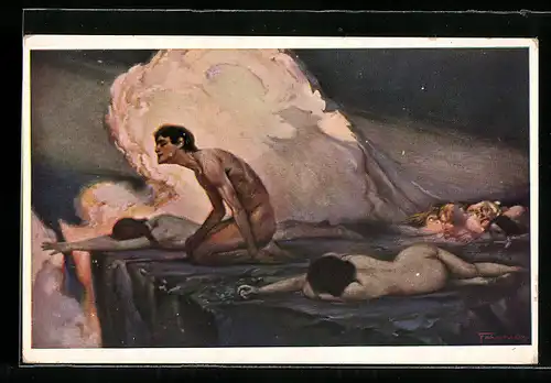 Künstler-AK Ludwig Fahrenkrog: Sehnsucht, Nackte Menschen an Klippe