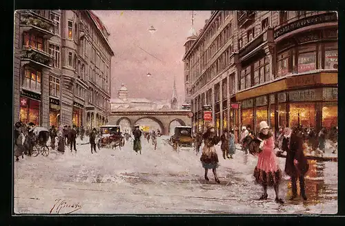 Künstler-AK Zürich, Uraniastrasse mit Blick auf die Universität