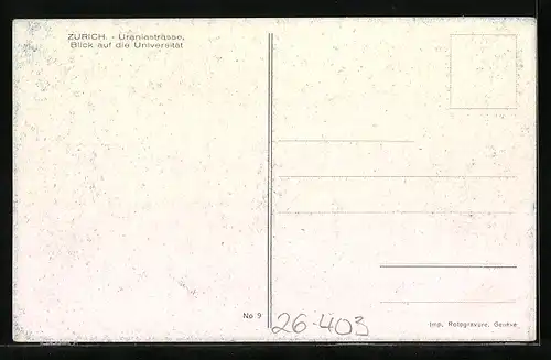 Künstler-AK Zürich, Uraniastrasse mit Blick auf die Universität