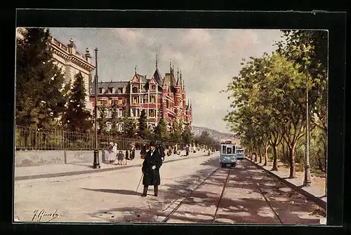 Künstler-AK Zürich, Rotes Schloss mit Strassenbahn