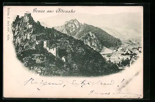 AK Altenahr, Burg mit Ortsblick aus der Vogelschau