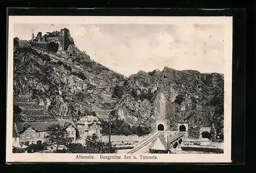 AK Altenahr, Burgruine und Tunnels aus der Vogelschau