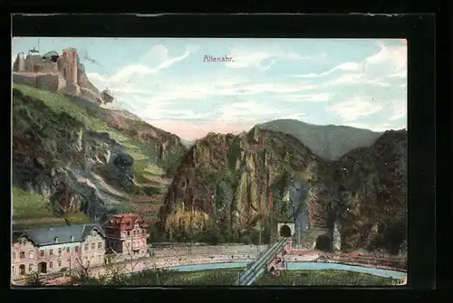 AK Altenahr, Burg und Tunnels aus der Vogelschau