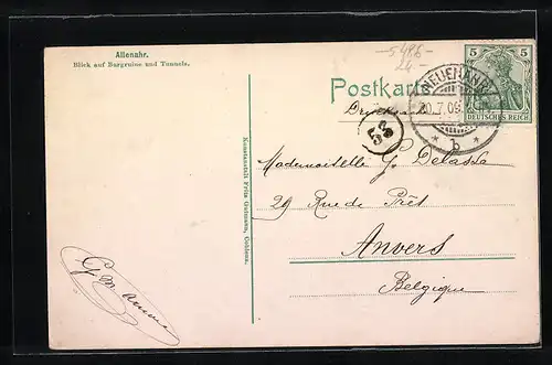 AK Altenahr, Burg und Tunnels aus der Vogelschau