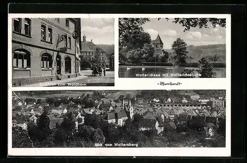 AK Murrhardt, Gasthof zum Waldhorn, Walterichsee mit Kirche, Ortspanorama