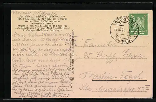 AK Oberursel, Hotel Hohe Mark umgeben von Wald und Gebirge