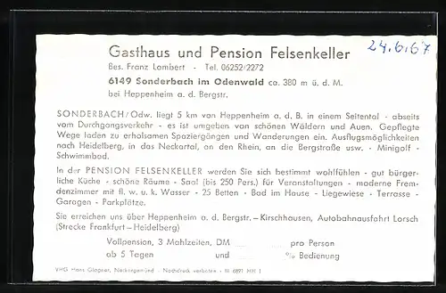 AK Sonderbach im Odenwald, Drei Ansichten vom Gasthaus und Pension Felsenkeller