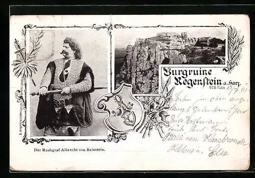 AK Regenstein a. Harz, Raubgraf Albrecht von Reinstein, Burgruine, Wappen