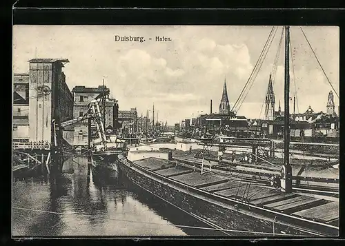AK Duisburg, Hafenpartie mit Stadtblick