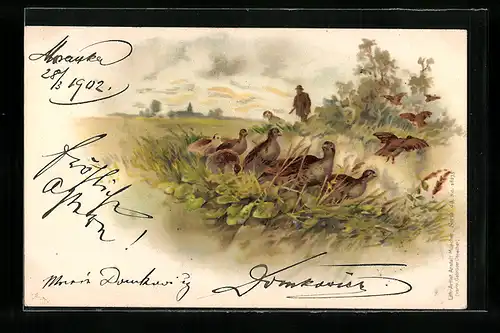 Lithographie Jäger und Auerhennen auf der Wiese