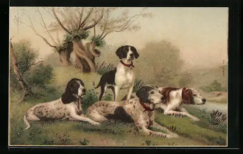 Künstler-AK Jagdhunde in Auenlandschaft