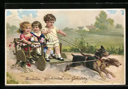 Künstler-AK Kinder auf Hundewagen in Frühlingslandschaft