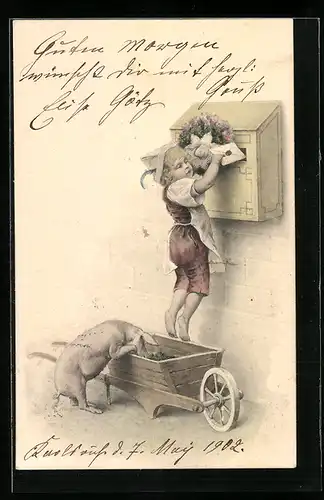 AK Kind mit Schwein am Briefkasten