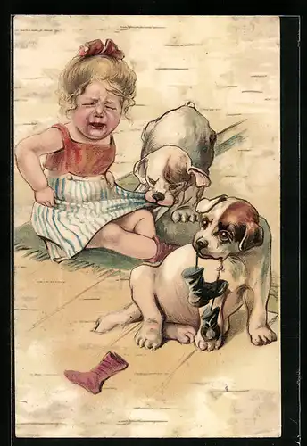 AK Welpen setzen einem weinendem Kind zu