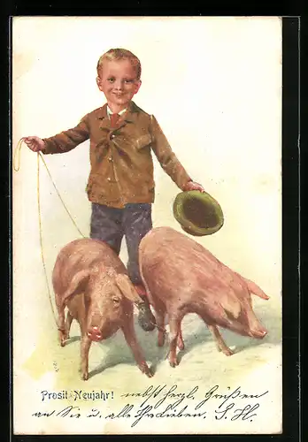 AK Knabe mit zwei Schweinen, Neujahrsgruss