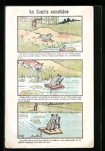 AK Maus kann sich vor Katze auf ein Floss retten, Bildergeschichte