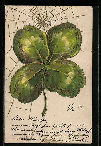 Präge-Lithographie Spinne im Netz hinter Glücksklee