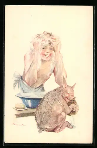 AK Waschvergnügen mit einem kleinen Schwein
