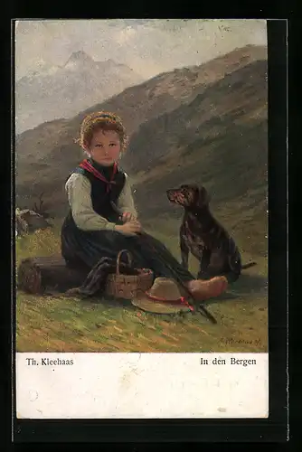 Künstler-AK Kleines Mädchen mit einem Dackel in den Bergen