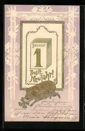 AK Schwein mit Kleeblatt vor Kalender, Neujahrsgruss