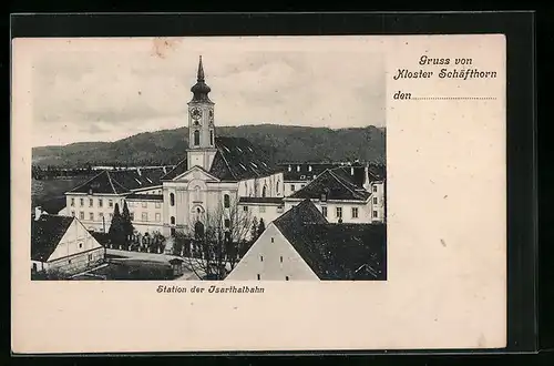 AK Schäftlarn, Kloster Schäftlarn, Blick auf die Klosterkirche, Station der Isarthalbahn