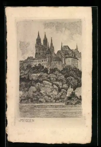 Künstler-AK Meissen, Blick vom Ufer zur Stadt