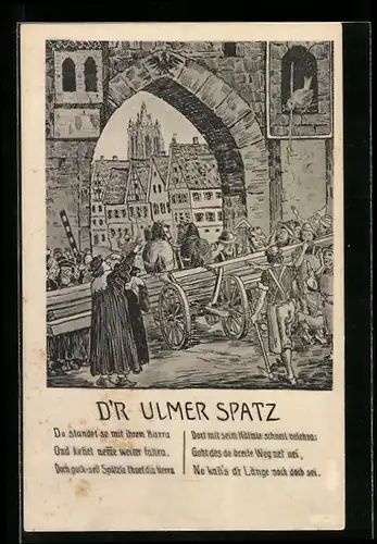 Künstler-AK Ulm, Ulmer Spatz, Pferdekarren mit langen Hölzern