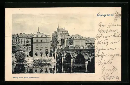 AK Saargemünd, Stadthäuser und Brücke