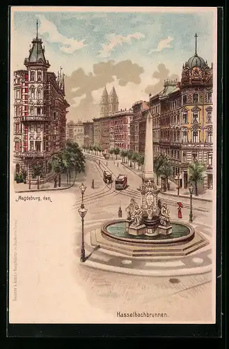 Lithographie Magdeburg, Strassenbahn am Hasselbachbrunnen