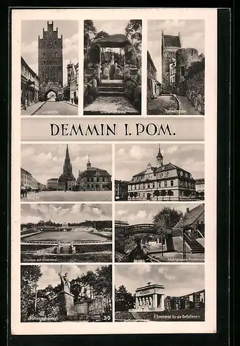 AK Demmin i. Pom., Ulanendenkmal, Markt und Luisentor