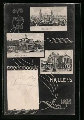 AK Halle a. S., Totalansicht, Giebichstein & Stadttheater