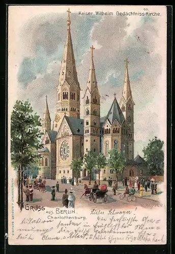 Lithographie Berlin-Charlottenburg, Kaiser Wilhelm Gedächtnis-Kirche