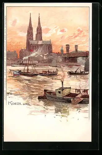 Lithographie Köln, Blick vom Fluss auf den Dom