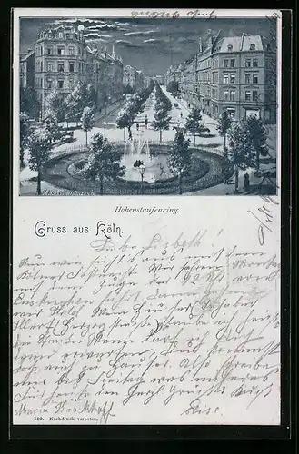 Mondschein-Lithographie Köln-Neustadt, Der Hohenstaufenring im Vollmondlicht