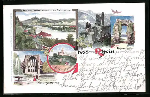 Lithographie Rolandseck, Godesberg-Ruine, Drachenfels und Klosterheisterbach