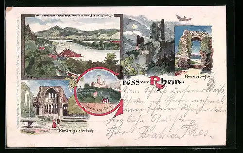 Lithographie Rolandseck, Godesberg-Ruine, Drachenfels und Klosterheisterbach
