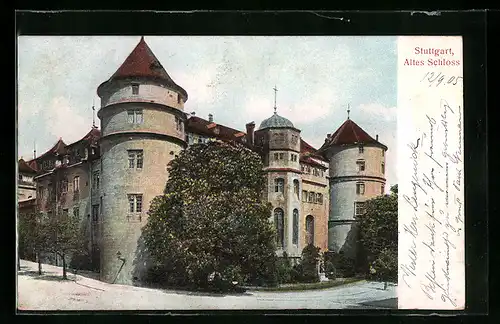 AK Stuttgart, Altes Schloss mit Strassenpartie