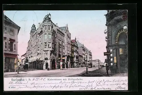 AK Karlsruhe i. B., Kaiserstrasse mit Hofapotheke