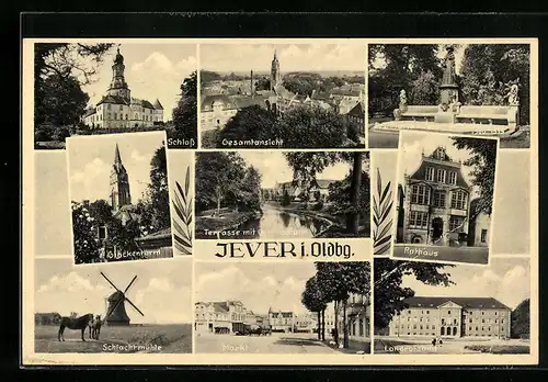 AK Jever i. Oldbg., Gesamtansicht, Schloss, Glockenturm, Schlachtmühle, Markt, Landratsamt, Rathaus