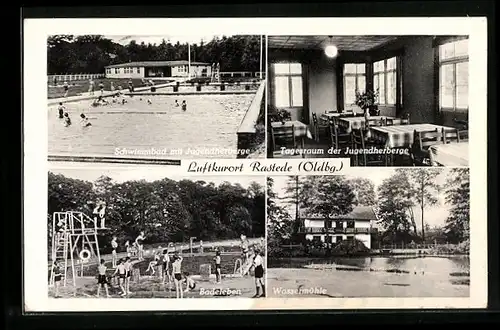 AK Rastede (Oldbg.), Schwimmbad mit Jugendherberge, Tagesraum de Jugendherberge, Badeleben, Wassermühle