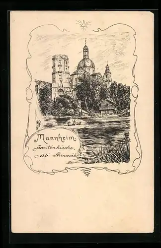 Künstler-AK Mannheim, Jesuitenkirche, Alte Sternwarte