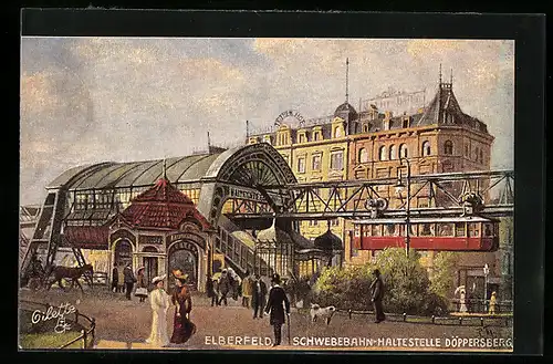 Künstler-AK Elberfeld, Schwebebahn-Haltestelle Döppersberg