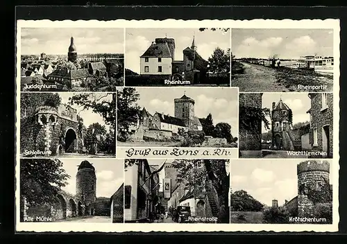 AK Zons am Rhein, Rheinpartie, Wachttürmchen, Krötschenturm, Rheinstrasse, Rheinturm, Alte Mühle, Schlossruine, Juddenturm