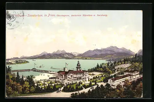 AK Prien am Chiemsee, Sanatorium mit See und Gebirgskette