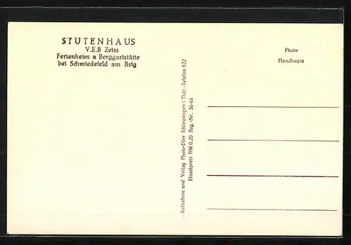 AK Schmiedefeld am Rennsteig, Gastraum im Stutenhaus, Ferienheim und Berggaststätte von V. E. B. Zeiss